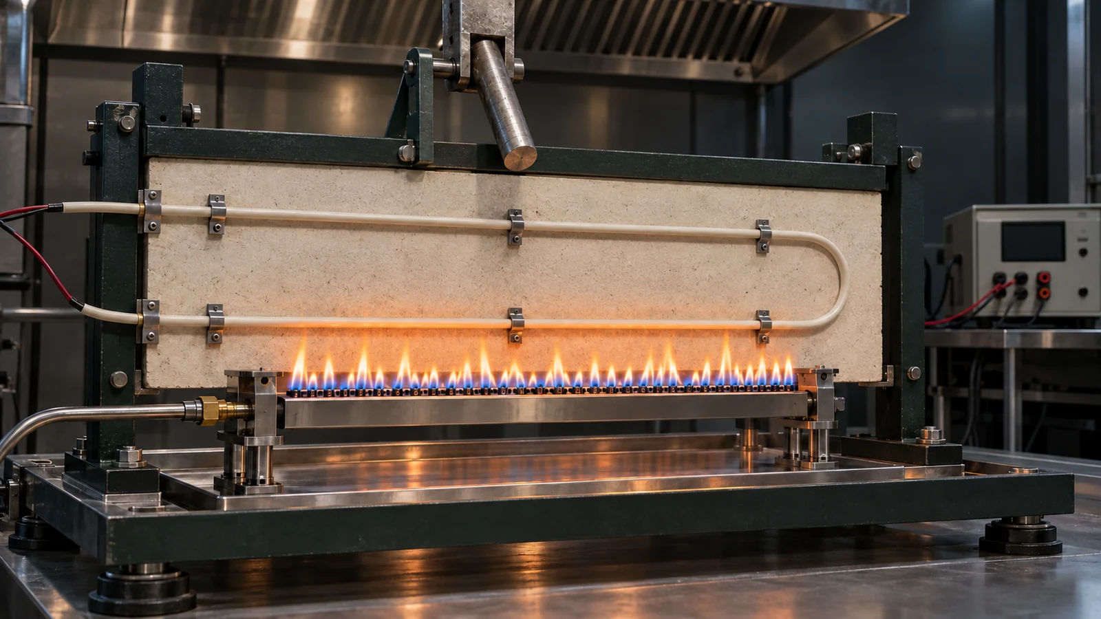 Representative EN 50200 test concept with a U-shaped cable, ribbon burner, steel impact bar and continuity monitor