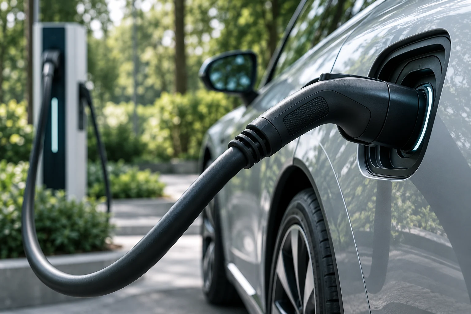 Electric vehicle charging connector and flexible cable beside an electric car