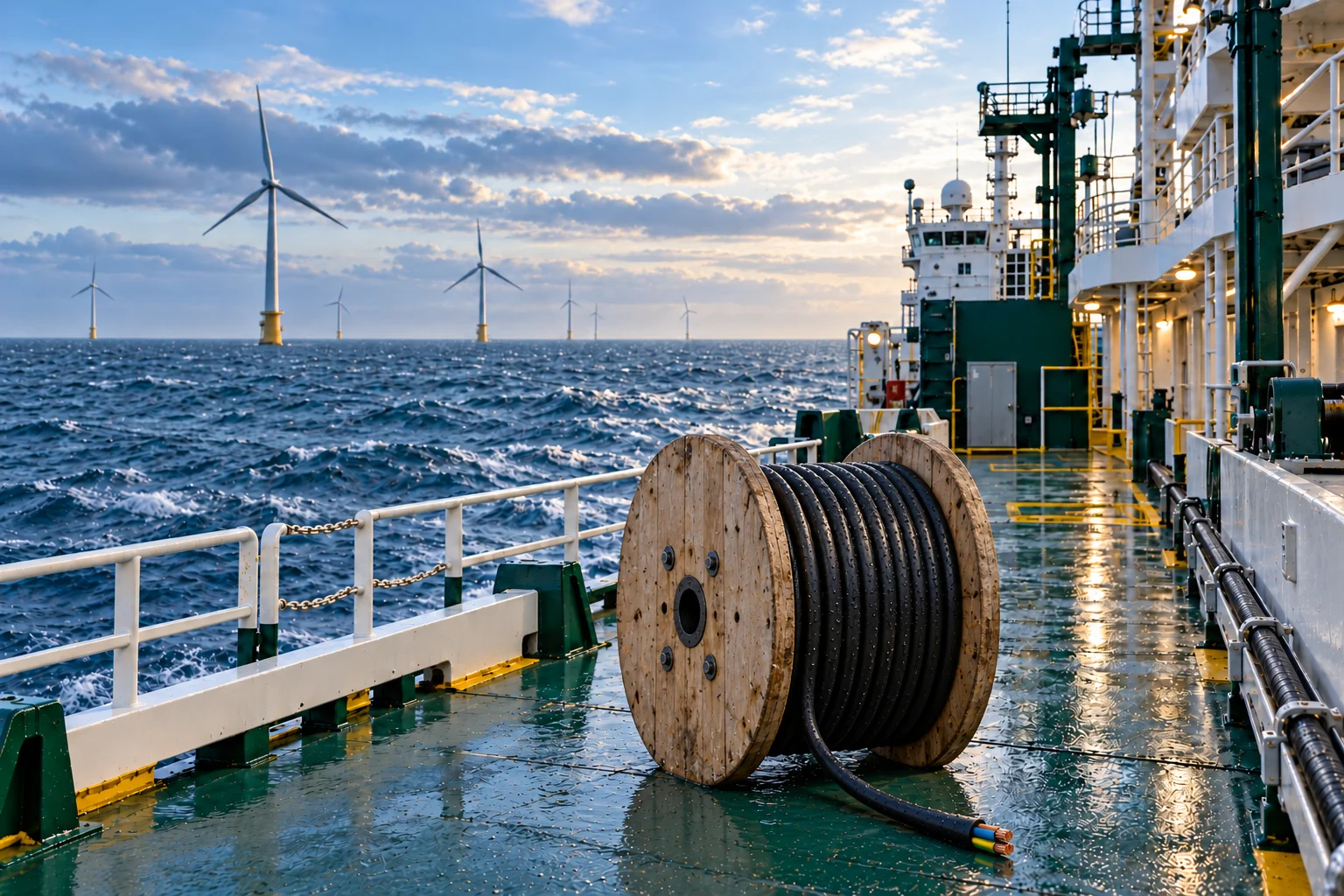 Marine electrical cable wound on a wooden cable reel on a ship deck, with the sea and offshore wind turbines behind it